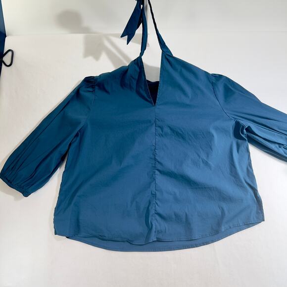 Eloquii Blouse Top Woman 18 Blue Elastic Cuffs Tie Back Plain Front w/ Darts - Picture 11 of 16